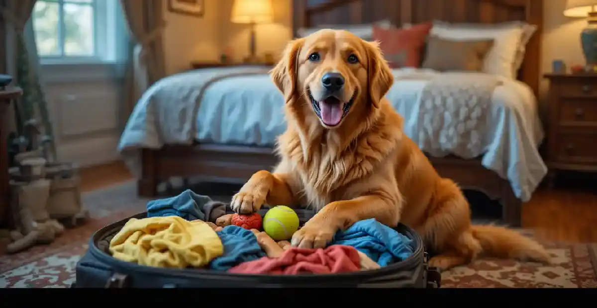 Golden Retriever packs suitcase