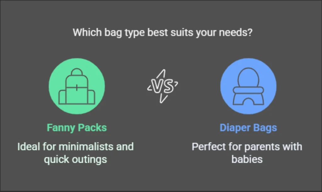 Fanny Packs and Waist Bags

Overview and Uses

Waist packs or Fanny packs are basically little pouches that are worn around the waist or the hips. Ideal for transporting a few small items such as a telephone, keys, and wallets, they are becoming increasingly popular for travel, festivals and other outdoor events.

Pros and Cons

Pros:

Lightweight and hands-free.

Secure and close to the body. 

Ideal for minimalists or quick outings.

Cons:

Limited storage capacity.

Can be seen as outdated, though they’ve made a fashion comeback.

May not fit larger personal items like tablets.

Diaper Bags

Overview and Uses

These bags are specifically made for parents, coming with compartmentalized storage for everything from diapers to wipes to bottles and everything the baby will need. They tend to be roomy and offer extras such as insulated bottle pockets and changing pads.

Pros and Cons

Pros:

Highly functional with lots of compartments.

Often includes extras like bottle warmers or stroller straps.

Durable materials designed for wear and tear.

Cons:

Bulky and heavy when fully packed.

Can be expensive for higher-end models. 

Limited use once no longer needed for baby items.

All types of bags have their own pros and cons. With all of that considered, you should be able to confidently decide what type of bag should I get best suits your needs, purpose, sizing, and your own style.