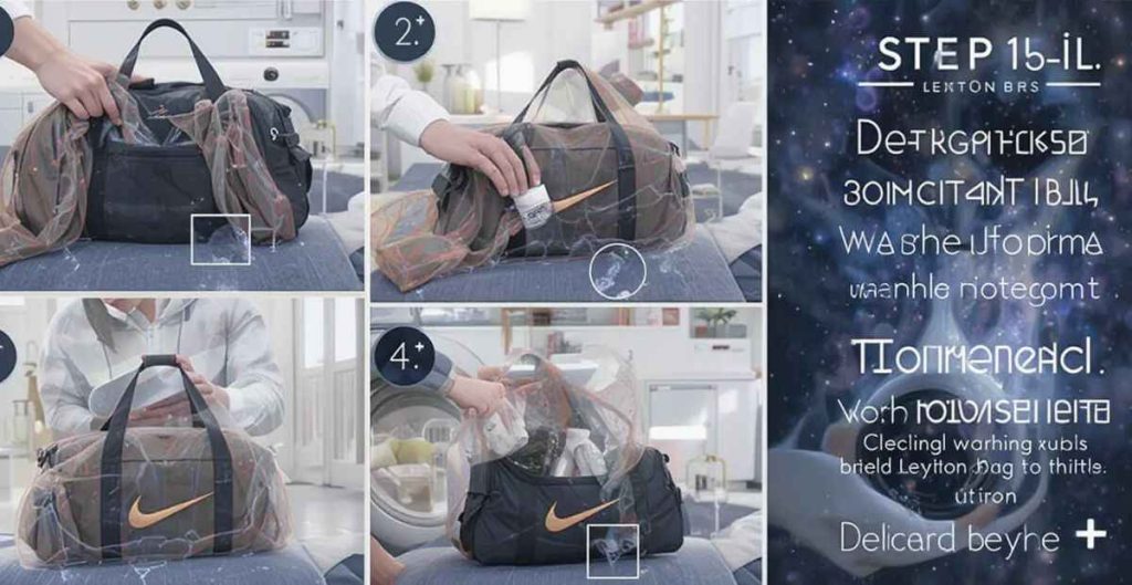 a collage of a person putting a bag in a room