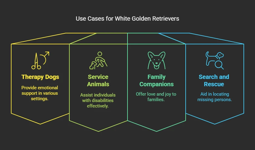 Use Cases: Where White Golden Retrievers Excel

White Golden Retrievers are cherished not just for their stunning appearance but also for their incredible adaptability in various settings and roles. Their friendly nature, intelligence, and desire to please make them perfect candidates for therapy work, service roles, and as loving family pets.

Therapy Dogs:

These dogs are often chosen as therapy animals because of their soothing and compassionate demeanor. In places like hospitals, nursing homes, and therapy facilities, they provide comfort to those seeking emotional support. Their knack for sensing human feelings and offering companionship can create a significant positive impact. For example, a White Golden Retriever named Daisy regularly visited a children's hospital, where her gentle presence helped ease the worries of young patients during their treatments. This deep emotional bond is a key reason why they shine in therapy roles.

Service Animals:

Beyond therapy, White Golden Retrievers are also outstanding service animals. Their intelligence and eagerness to learn enable them to assist people with various disabilities. Whether it’s aiding with mobility, alerting to medical issues, or supporting mental health needs, these dogs are dependable and perceptive. A great example is Max, a White Golden Retriever who assists a visually impaired person in navigating through public areas. Max’s consistent guidance and focused attention ensure his owner’s safety, showcasing the breed’s exceptional capabilities as service dogs.

Family Companions:

Additionally, White Golden Retrievers make wonderful family companions. Their loyalty, affectionate nature, and playful spirit make them ideal friends for both children and adults. They fit seamlessly into family life, providing not only protection but also endless love and joy. For instance, Bella, a White Golden Retriever, became the heart of a young family, filling their home with laughter and warmth. Her playful behavior and cuddly nature gave the children a sense of security and happiness. while her affectionate nature ensured she was loved by all.

Search and Rescue Work:

White Golden Retrievers are known for their intelligence and energetic nature, which makes them outstanding in search and rescue missions. Their focus and teamwork with handlers are crucial in urgent situations. With a sharp sense of smell and strong determination, they can find missing individuals in diverse environments, showcasing their adaptability beyond just being family pets.

These dogs also play a significant role in providing emotional support in hospitals and assisting individuals with disabilities in their daily lives. Their ability to thrive in different settings highlights how their special traits make them essential companions in various capacities.